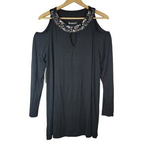 Roaman's Tunic Top Black Size 14 Beads Cleopatra Long Sleeve Cold Shoulder NWT